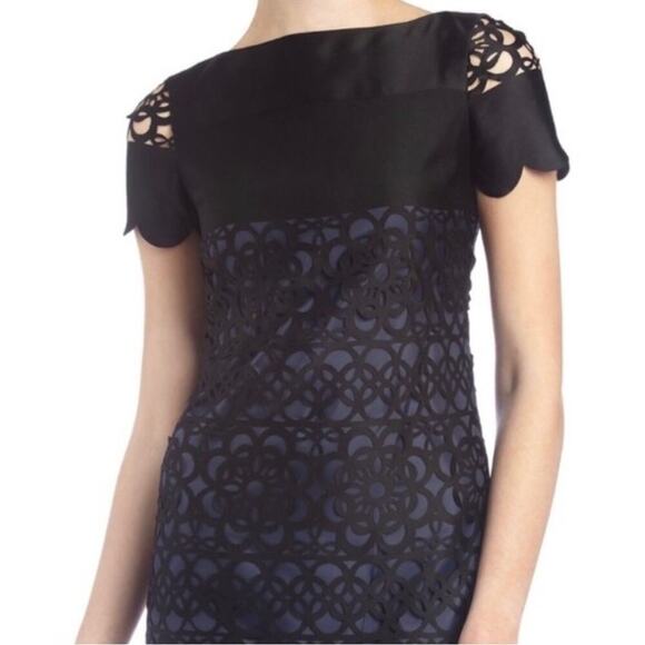 Muse Black Blue Laser Cut Eyelet Dress Size 6 black and navy blue sheath dress - Picture 2 of 16